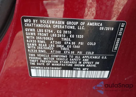 2019 Volkswagen Atlas 3.6L V6 Se W/Technology из США, поврежденный, VIN 1V2WR2CAXKC606597